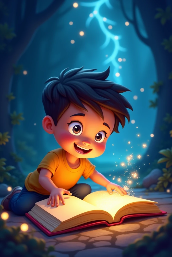 A cartoon boy with cheerful, curious boy with an open laugh and open a magical secret book lying on a ground with magical lights and magical dark background
