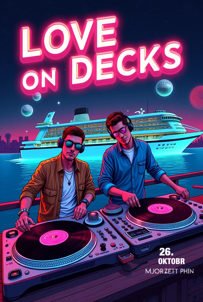 I need an artwork for a club event, the Name is LOVE ON DECKS, the name of this 80's and 90's party is a pun of cruise ship and DJ turn tables. Be sure that the following is part of it artwork: LOVE ON DECKS, 26. OKTOBER, MORITZBASTEI LEIPZIG 