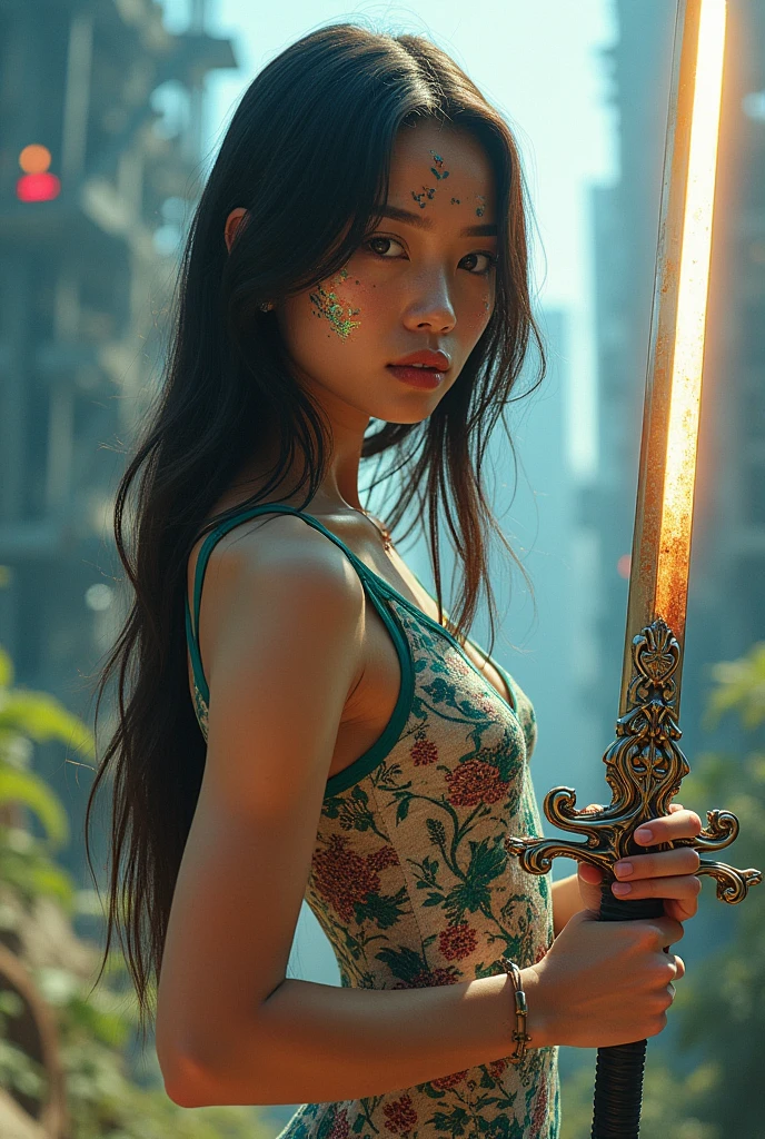 editorial photography,super detailed background,Super realistic,double exposure,depth of field,beauty super slender skinny vibes,soft focus flashy colors tone,narrative scene,acrylic paint,high-contrast multilayer structure Good_breathability luminous cyborg,super long straight brunette hair,Hold a sword with both hands,bare shoulders,dystopia apocalypse,geometric big tattoo on face,
