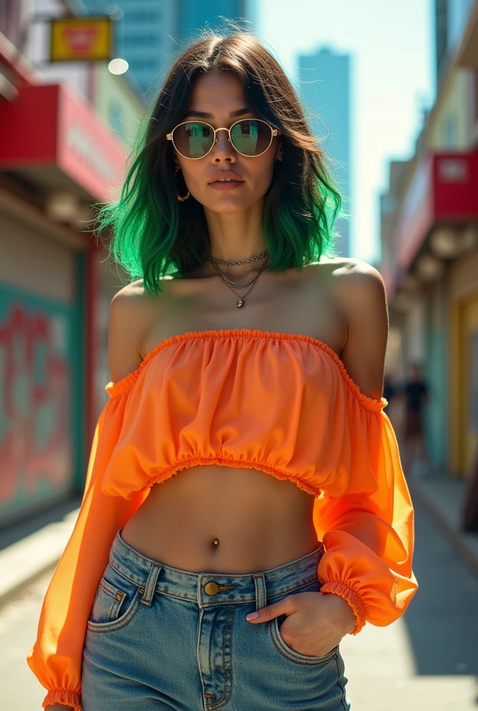 Woman with dark hair, shoulder-length hair with green highlights, glasses and 80s clothes