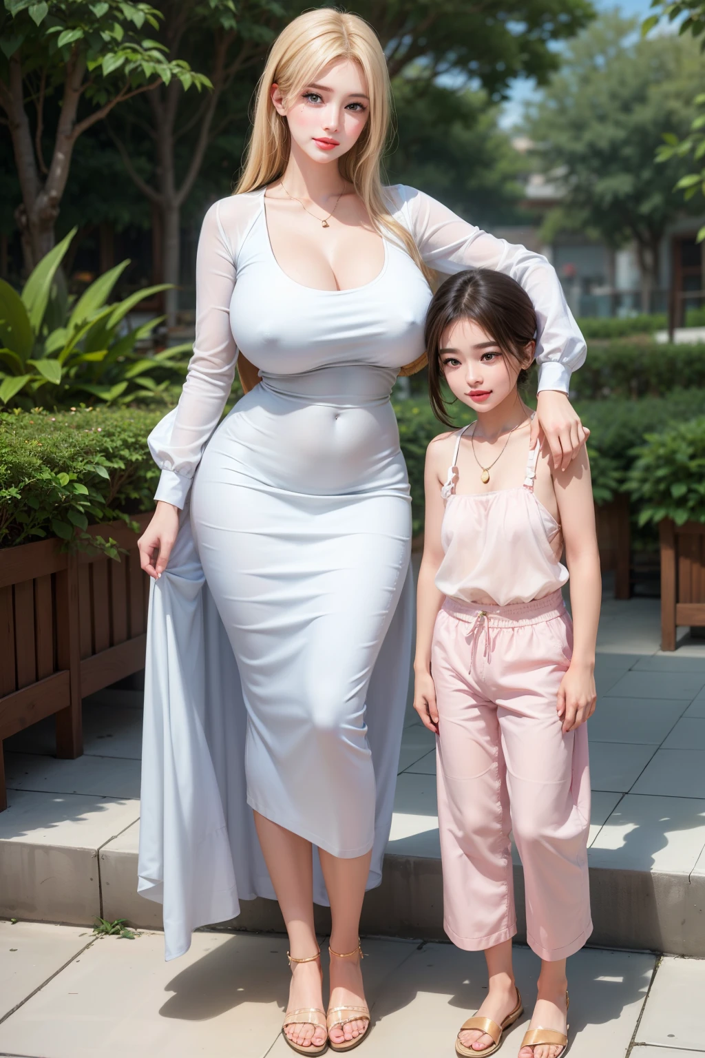 An extremely beautiful stunning mother with a perfect busty body, perfect pretty face, gold blonde long silky hair, big blue-green hazel eyes, extremely super bright snow white fair stunning flawless glowing lush shiny white skin, a perfect tight hourglass figure, and a skinny waist, extremely cute smile on the face, bright pink blushes on cheeks, wearing a long cute sky-white floral dress, and a yellow-tan cardigan, white flip-flop sandals, gold necklace on the neck, gold anklets on feet, standing straight, holding her little son's hand, garden in the background, show full body from head to feet
