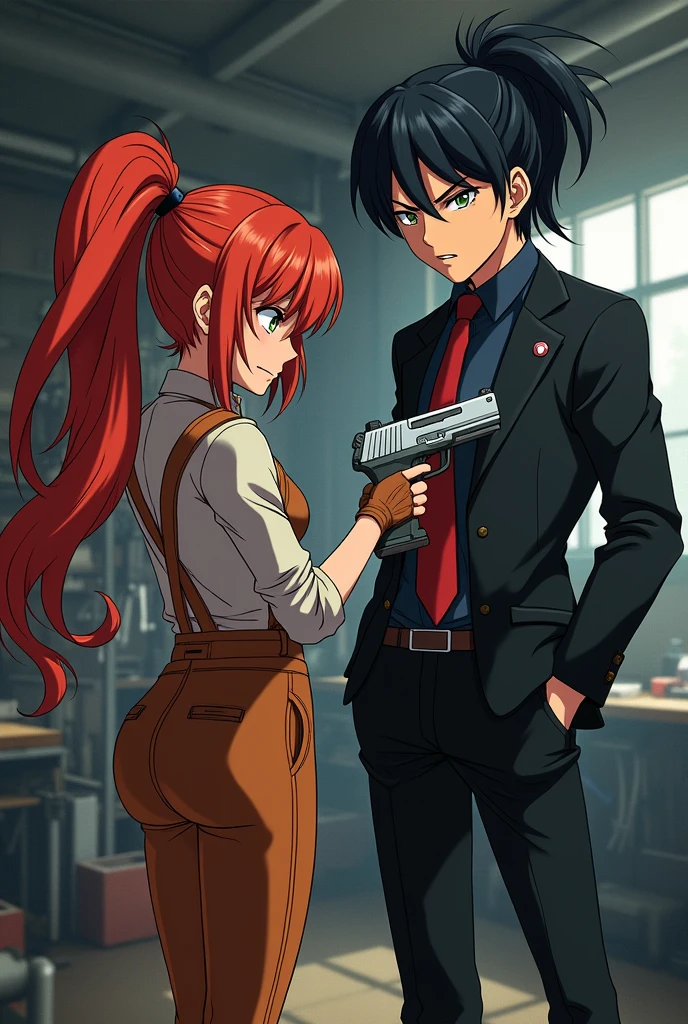 Generate a anime art of Diana , a tall red haired tied in a ponytails with hazel eyes in a typical mechanic getup angrily pointing a gun at the enemy Rapheal, a tall middle aged man with raven hair tied in a ponytail and a cyborg eyes, he's dressed in a suit and is looking smug
