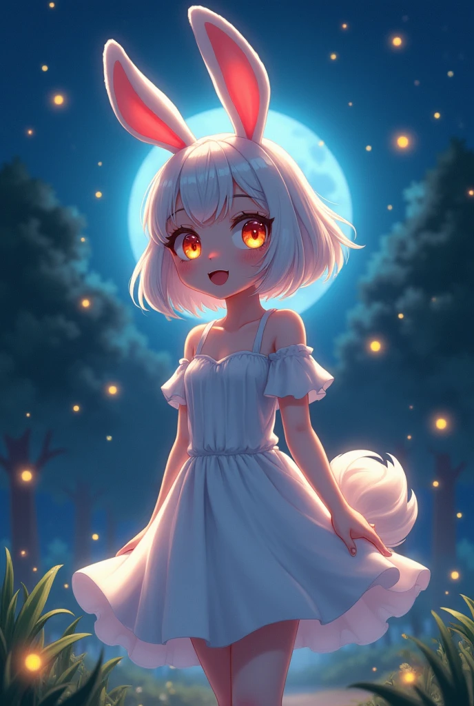 furry girl,ultra detailed fur,park,white dress,moonlight,blush,smile,looking at viewer, bunny ears, one eye red and the other yellow