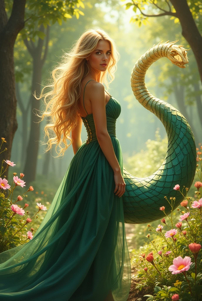 Create a woman who is 45 years old., blonde and brown-eyed, it has a big tail that draws attention 