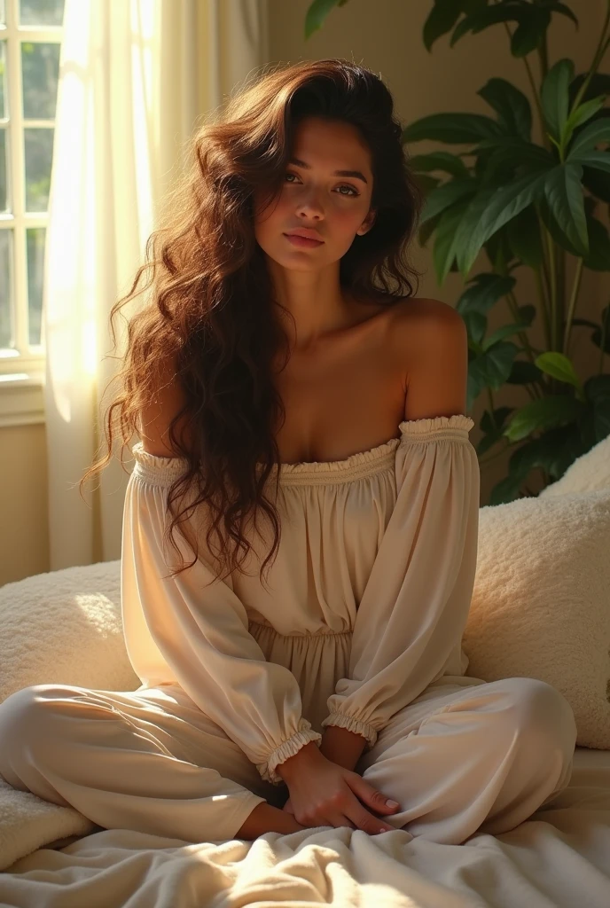 (photorealism:1.2), beautiful woman, sitting on bed, wearing loose off-shoulder top, pajama pants, long curly hair, indoors, soft lighting, plants in background, window with sunlight, cozy room, relaxed pose, realistic, intricate details, warm colors, by Greg Rutkowski, by Alphonse Mucha