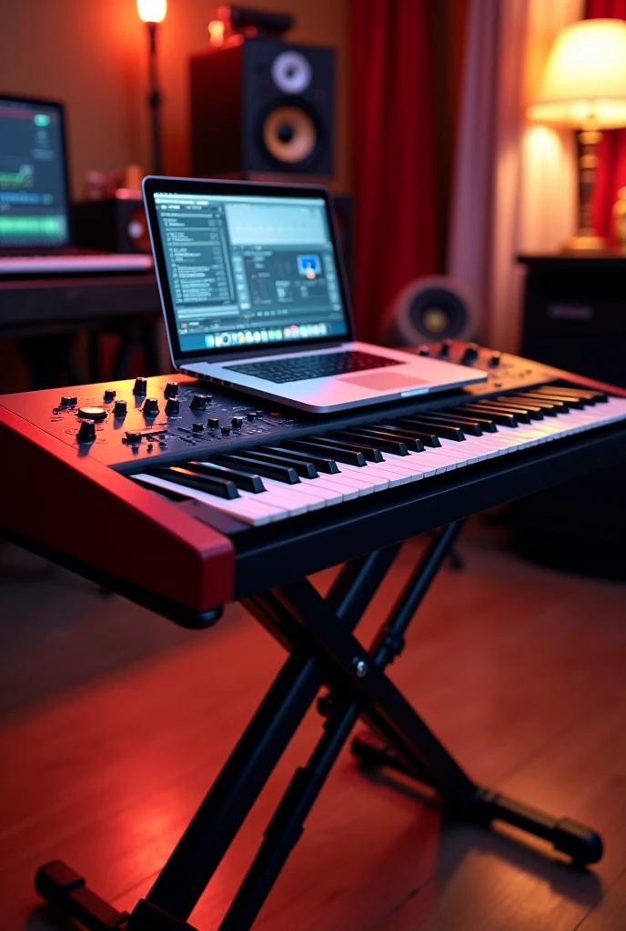 Create a realistic image of a Nord Stage 4 keyboard with drum pads, faders e knobs
Deixe-o em um suporte stay e com um noteboon na parte de cima