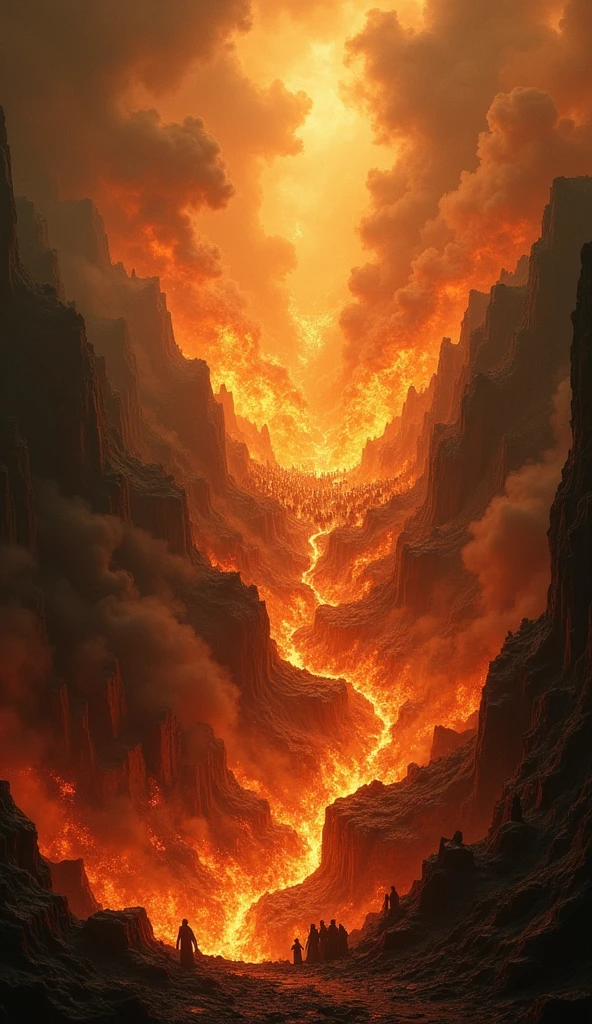 A stark and harrowing scene showing souls being cast into a lake of fire, engulfed in intense, blazing flames. The fiery pit is surrounded by dark, ominous smoke and ash, creating a harsh contrast to the divine light of the heavenly realm. The condemned souls are depicted with expressions of anguish and despair as they descend into the inferno. The environment is chaotic and menacing, with roaring flames and flickering shadows emphasizing the severity of their punishment. The scene conveys a powerful sense of finality and eternal suffering.