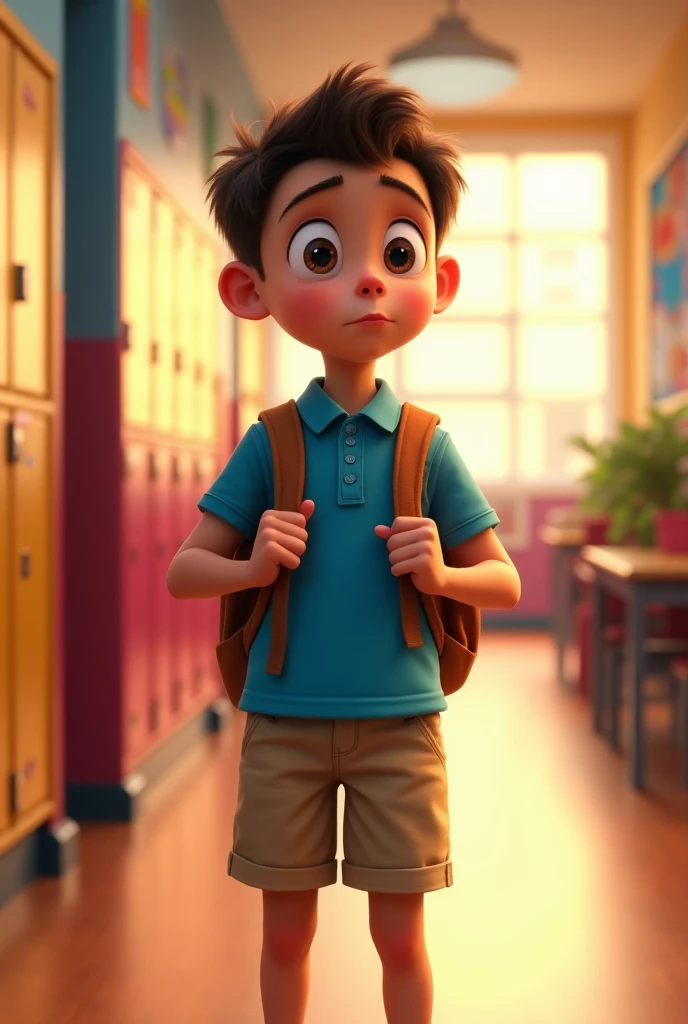Hyper realistic, colorful Pixar style image of scene of 3D cartoon style of scene of boy wearing school clothes with nervous face in school