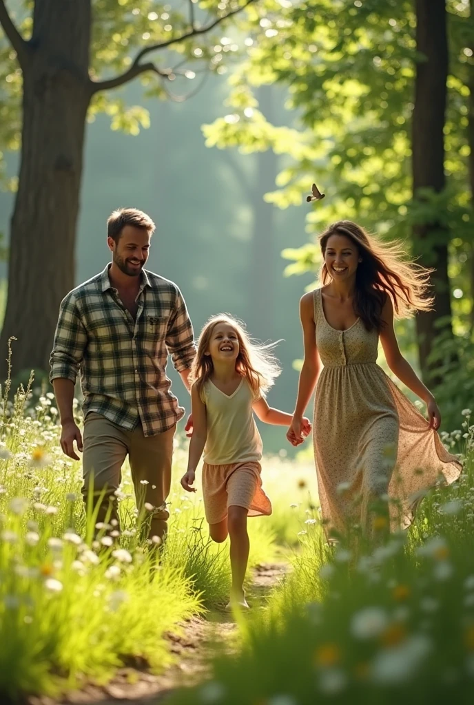 A family formed by a girl, a father, a mother exploring excitedly