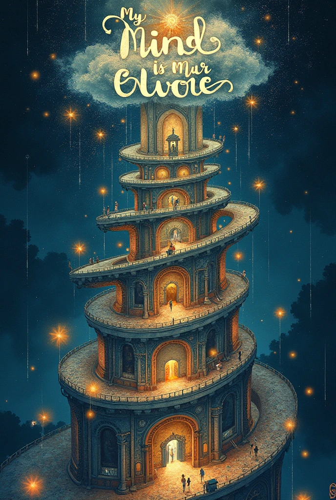 Create a design featuring a stylized illustration of a mind palace or a labyrinth, symbolizing the power of the mind. Integrate the quote 'My Mind Is My Power' in a curved line above the palace, using a elegant, serif font.