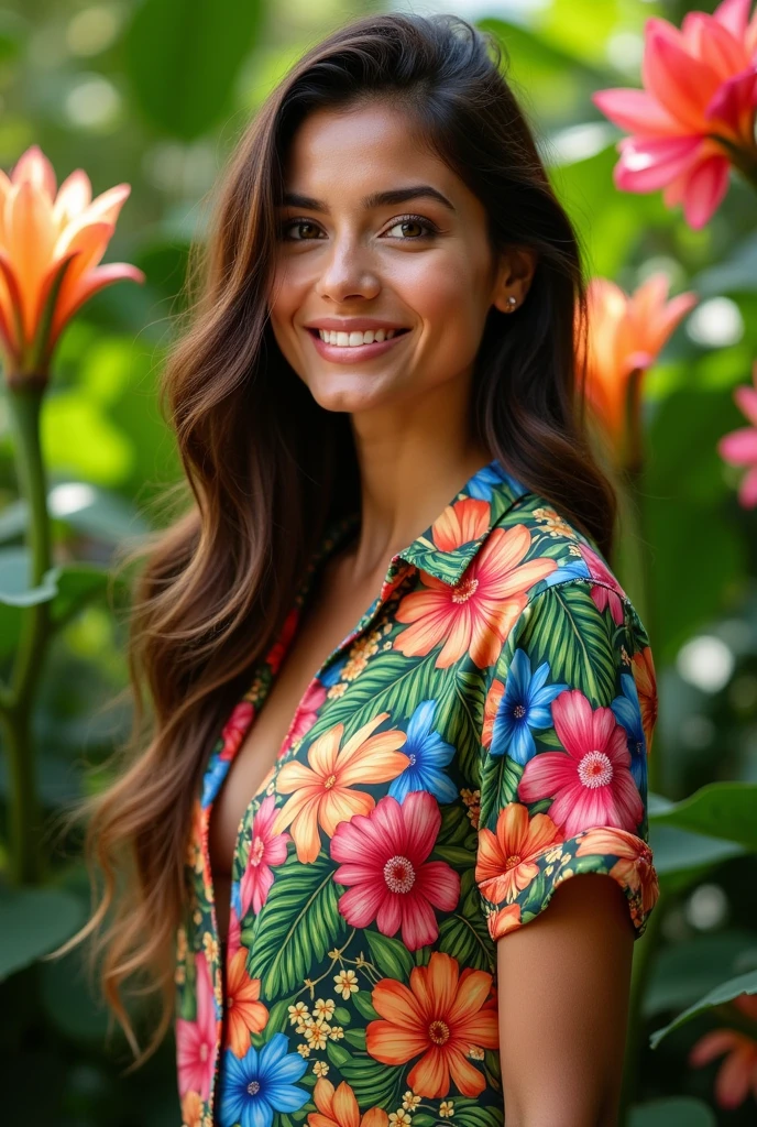 A Brazilian woman in a lush tropical garden, wearing an open shirt with a floral print, with a close-up capturing the harmonious beauty between her breasts and the natural flowers, showing off your natural charm and outgoing personality.
