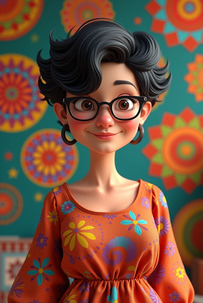3D poster inspired by Pixar capturing a scene with a 55-year-old woman, medium and square black glasses, light brunette, white skin. long eyelashes, small and chubby nose, wrinkle between the eyebrows, arched eyebrows, square chin, overweight, chubby, chubby arms, slightly full lips, full breasts, smiling, fair skin, black afro hair, very black and full of curls , and short on one side, hair all curly, full of curls, shaved neck and long bangs on the sides with curls, very long with curls, with an asymmetrical pixie cut in which one side is very short and the left side is longer, dress long, wide and colorful with geometries, atelier with mandalas, a beautiful mole on the upper lip, between the nose and mouth