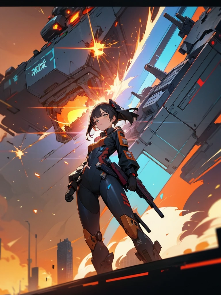 Girl Mecha and explosion city cyberpunk 