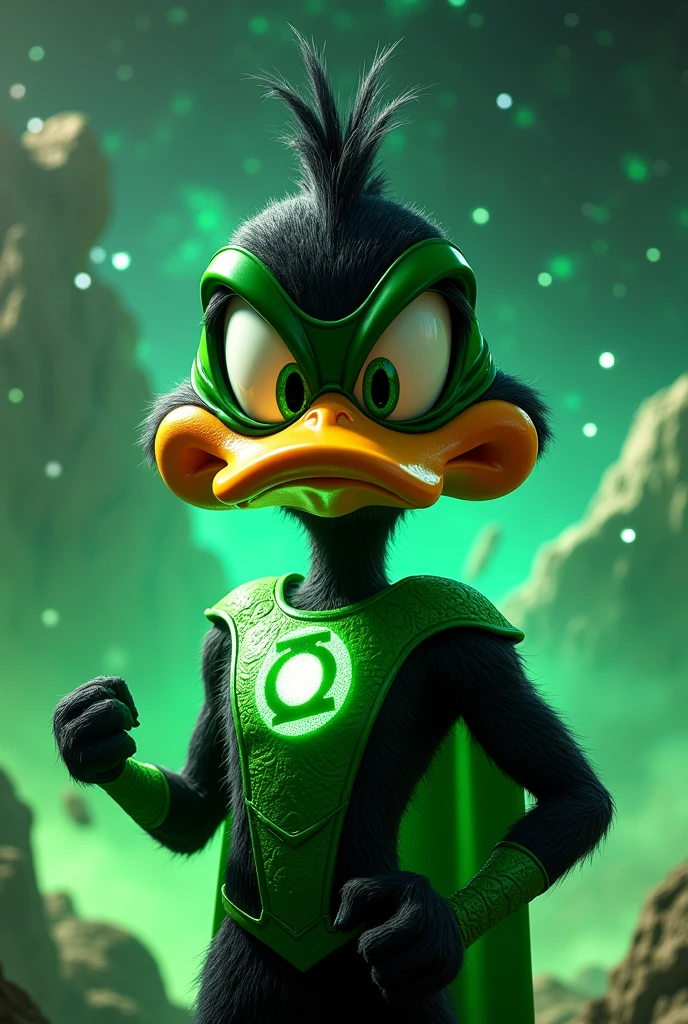 Have the adult black Daffy Duck from the Monday Toons with the Green Lantern costume , humanoid form ( in 3d style) 