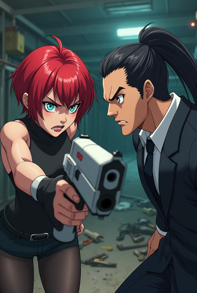 Generate a anime art of Diana , a tall girl with short red hair with glowing cyan eyes in a typical mechanic getup angrily pointing a gun at the enemy Rapheal, a tall middle aged man with raven hair tied in a ponytail and a cyborg eyes, he's dressed in a suit and is looking smug