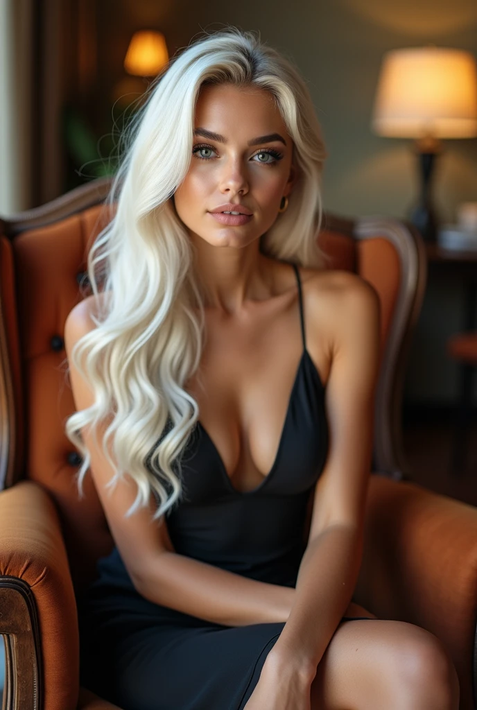 I want to create the image of a young and attractive woman for social media posts and attract followers. The woman should have a charismatic and confident appearance, with a friendly and approachable expression. She should have long, wavy hair, in a striking color like platinum blonde or intense red. Her eyes should be big and expressive, with elegant but natural makeup that enhances her beauty.
Regarding clothing, opt for something modern and elegant that follows current trends, like a fitted dress that accentuates her figure, or a casual-chic ensemble with a cropped blouse and jeans. Lighting should be soft, creating a warm and inviting atmosphere.
The background should be simple and blurred to keep the focus on the woman, but with a touch of color or texture that adds dynamism to the image. It is important that the image conveys an aspirational and attractive lifestyle, aligned with the idea of exclusivity and sophistication that can attract followers interested in premium content like Patreon or OnlyFans.
This same model sitting in an armchair, full-body, sexy and sensual