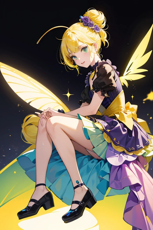 Beetrice has pale yellow skin with hot pink lips, green eyes, and yellow eyebrows. Her yellow hair is pulled into two curly buns and has short bangs. She has a pair of black antennae on top of her head and light blue bee wings on her back. Beetrice wears a dress with a plain black top and the skirt is a bubble skirt with yellow stripes on it. Beetrice's footwear consists of purple Mary Janes. She has a purple flower in her hair. SPARKLE; GLITTER