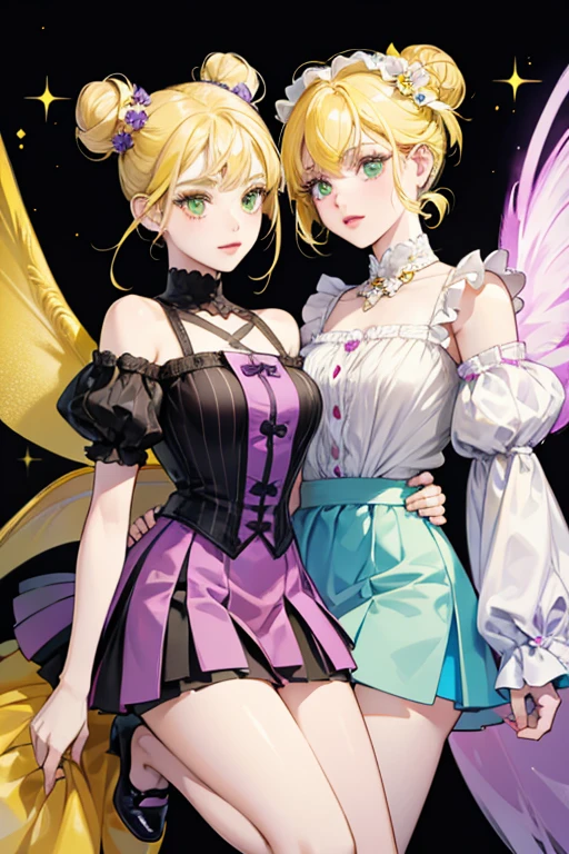 Beetrice has pale yellow skin with hot pink lips, green eyes, and yellow eyebrows. Her yellow hair is pulled into two curly buns and has short bangs. She has a pair of black antennae on top of her head and light blue bee wings on her back. Beetrice wears a dress with a plain black top and the skirt is a bubble skirt with yellow stripes on it. Beetrice's footwear consists of purple Mary Janes. She has a purple flower in her hair. SPARKLE; GLITTER
