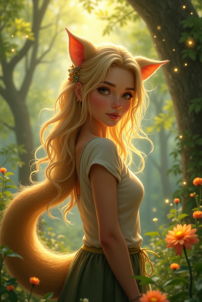 Create a woman who is 45 years old., blonde and brown-eyed, He has a large, well-developed tail for his age.