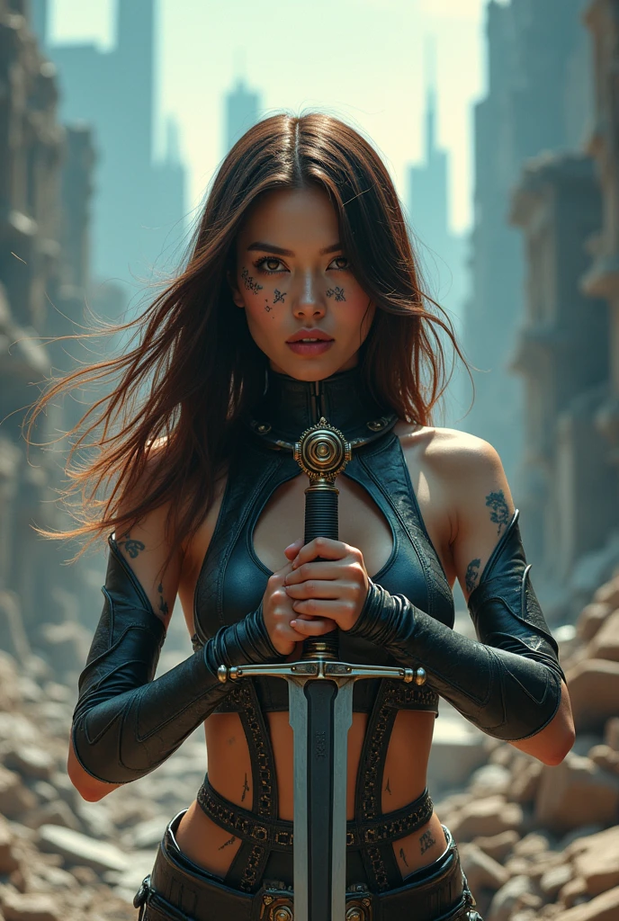 editorial photography,super detailed background,Super realistic,double exposure,depth of field,beauty super slender skinny vibes,soft focus flashy colors tone,narrative scene,acrylic paint,high-contrast multilayer structure Good_breathability luminous cyborg,super long straight brunette hair,Hold a sword with both hands,bare shoulders,dystopia apocalypse,geometric big tattoo on face,