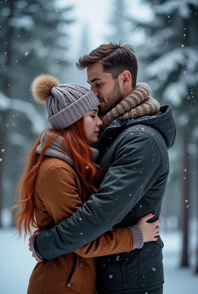 A  couple hug each other under the snow scenery
