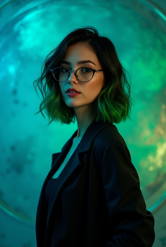 Woman with dark hair, shoulder length and green highlights with glasses and black clothing, blue and green