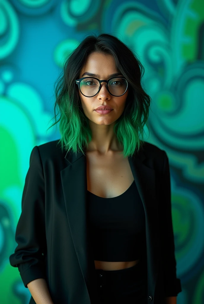 Woman with dark hair, shoulder length and green highlights with glasses and black clothing, blue and green