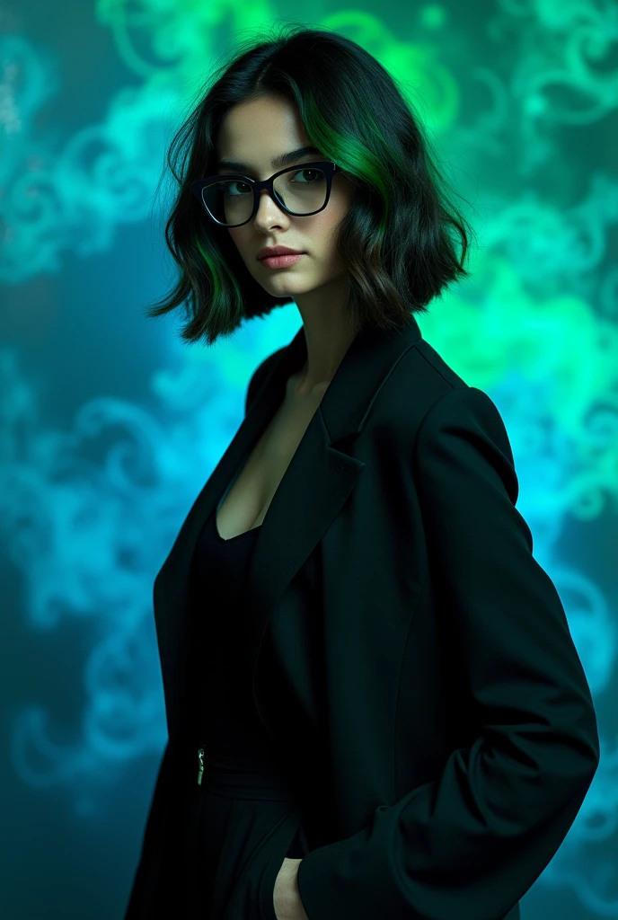 Woman with dark hair, shoulder length and green highlights with glasses and black clothing, blue and green