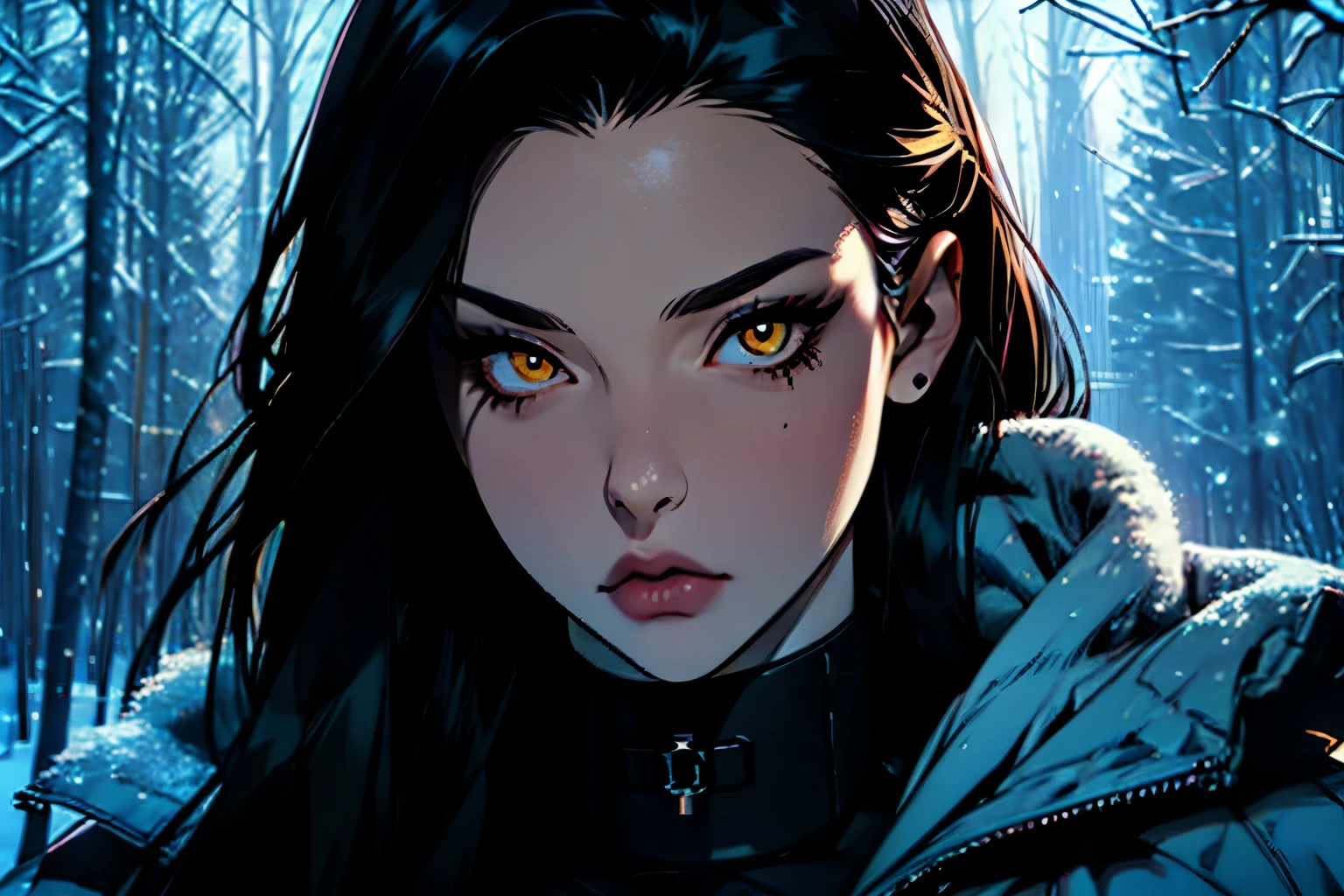 hyper-realistic of a mysterious woman with dark hair, piercing yellow eyes, upper body, winter, snow, dark coat, turtleneck, forest