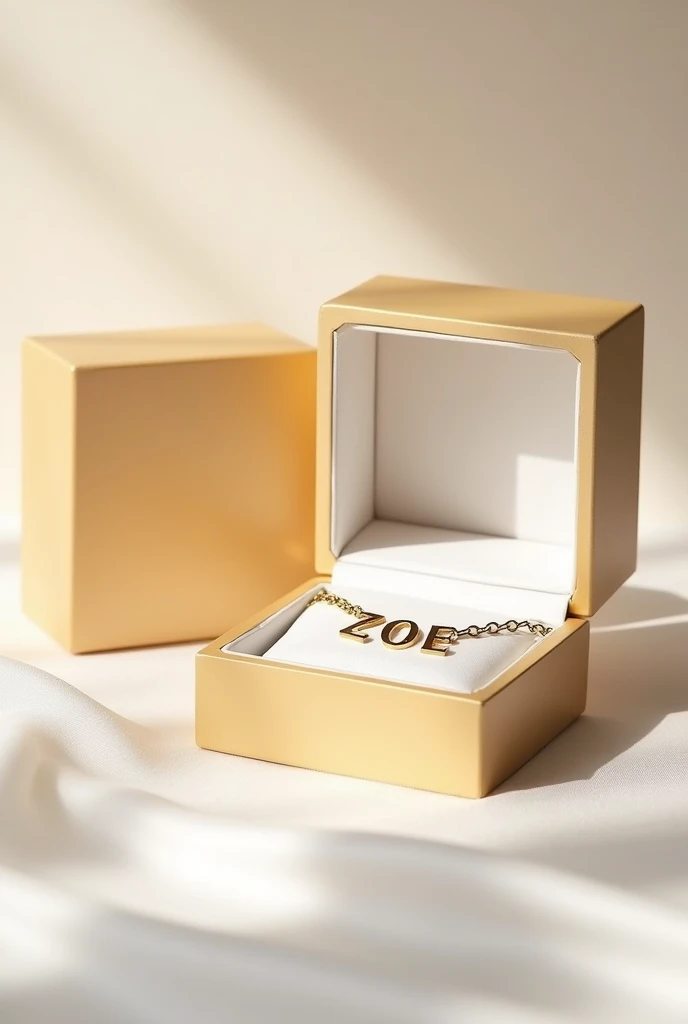 Create rectangular jewelry boxes in a plain pastel golden color with a closed and open plain golden border, containing a chain inside with the name ZOE in a serif font.
