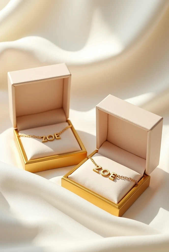 Create rectangular jewelry boxes in a plain pastel golden color with a closed and open plain golden border, containing a chain inside with the name ZOE in a serif font.