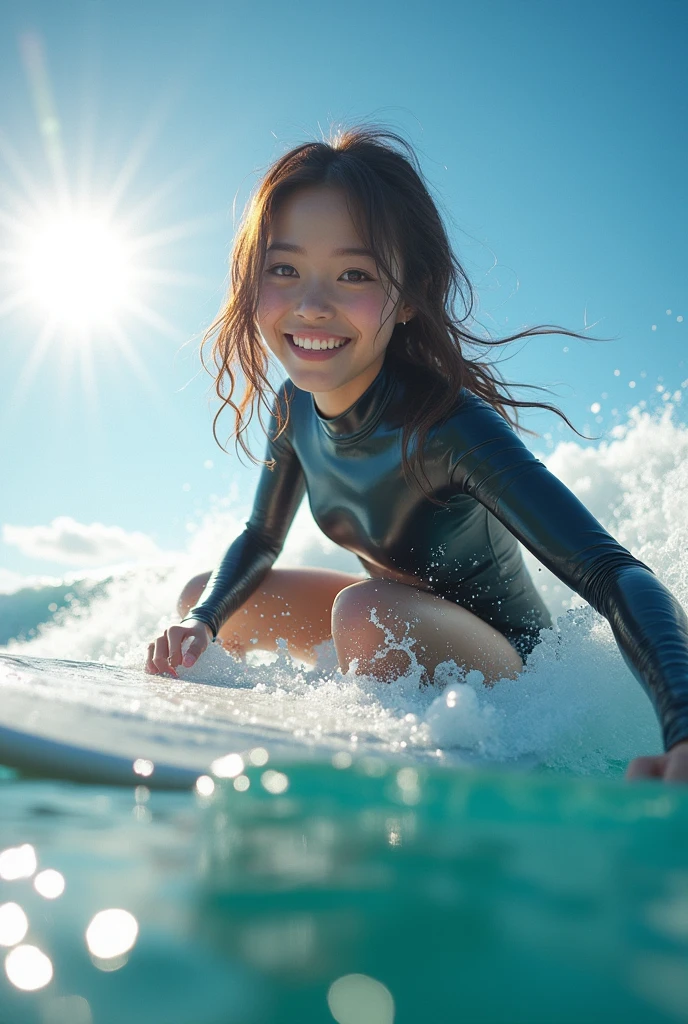 Photo-realistic quality、A surfer in a wetsuit riding a wave on a surfboard, Lovely lady, Cute girl in a wetsuit, Beautiful Japanese Model, Looking into the camera、Fine and beautiful eyes、Cute Smile、soft and gentle expression