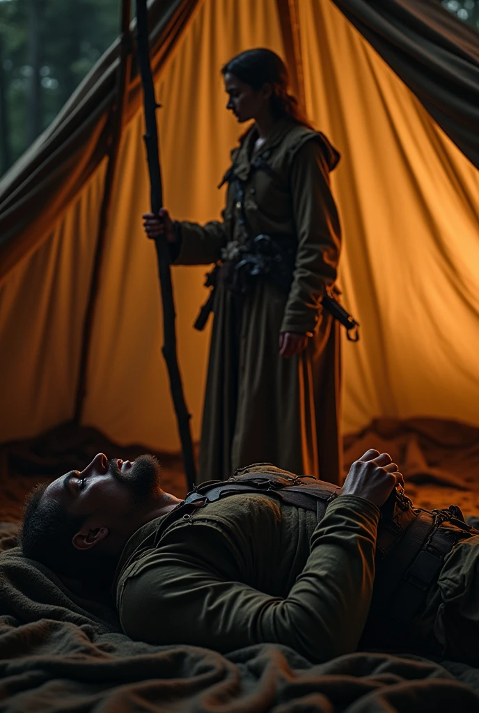 The scene is a tent, a brave woman is holding a stake in her hand, and a man in soldier's clothes , with blood splatters is lying on the ground sleeping, impressive scenery, realisitic, 4K , uhd , luminous, wide aspect of proportion