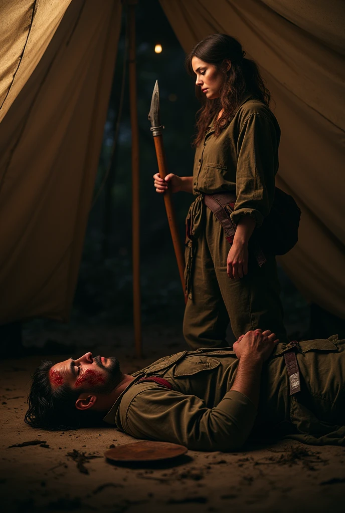 The scene is a tent, a brave woman is holding a stake in her hand, and a man in soldier's clothes , with blood splatters is lying on the ground sleeping, impressive scenery, realisitic, 4K , uhd , luminous, wide aspect of proportion 