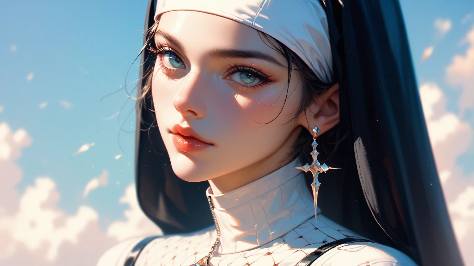 a mesmerizing nun reimagined in a futuristic cyber setting captivates with intricate details and a bold aesthetic. Her expressive features and vivid colors create an unforgettable visual experience. Perfect for fans of cybernetic art and futuristic themes.