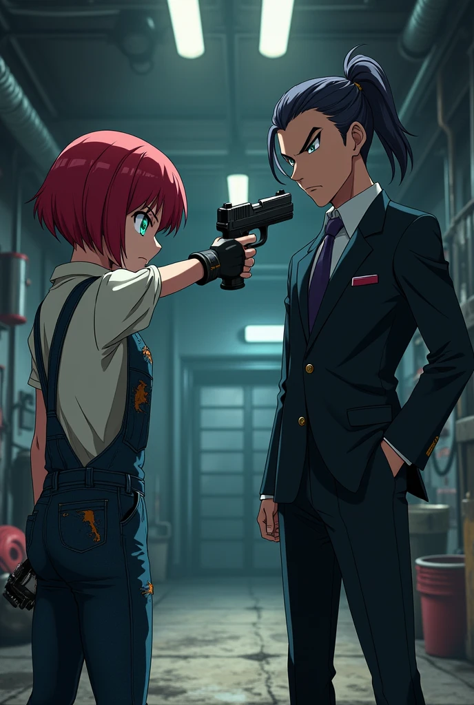 Generate a anime art of Diana , a 16 y o. tall girl with short red hair with glowing cyan eyes in a typical mechanic getup angrily pointing a gun at the enemy Rapheal, a tall middle aged man with raven hair tied in a ponytail and a cyborg eyes, he's dressed in a suit and is looking smug
