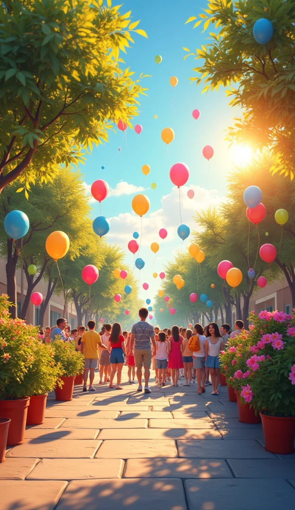 Bright and Cheerful Backdrop: The school entrance with colorful balloons, fresh flowers and golden sunlight streaming through the trees creates a welcoming and festive atmosphere on the first of September.