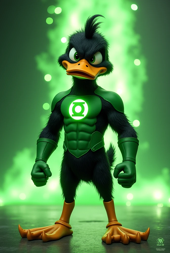 Does Lucas the Duck have a black adult color from the Looney Toons with the full Green Lantern suit? , humanoid form ( in 3d style) 