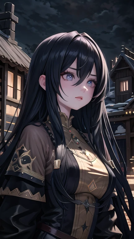 a girl with long amber hair,beautiful detailed eyes,beautiful detailed lips,extremely detailed eyes and face,longeyelashes,medieval suburb,houses in the background,evening,dramatic lighting,cinematic color palette,moody atmosphere,photorealistic,8k,best quality,masterpiece,cinematic,hyperrealistic