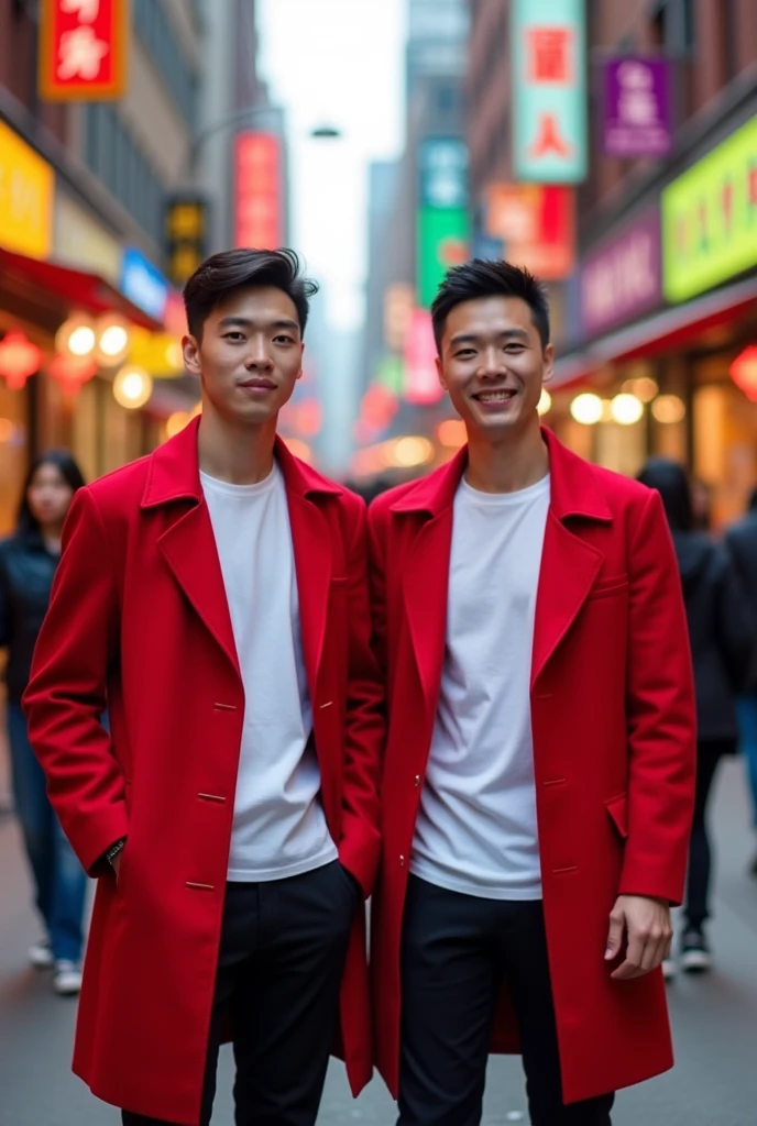 Two twin Chinese men wearing a Red coat and White t-shirt and Black Pants in same time
