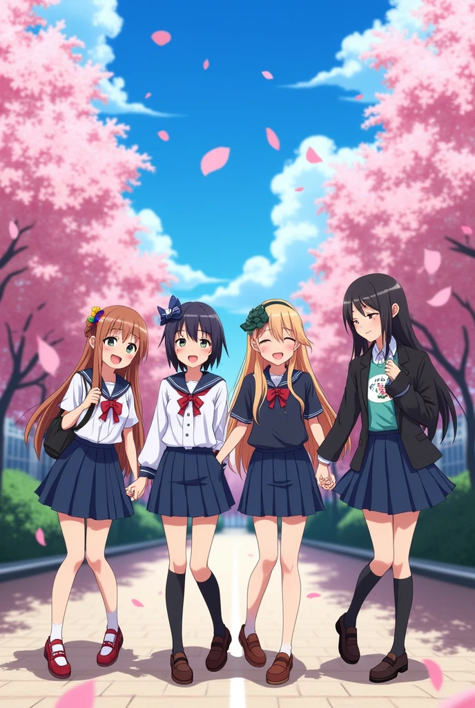 Three girls and a boy wearing anime school uniforms