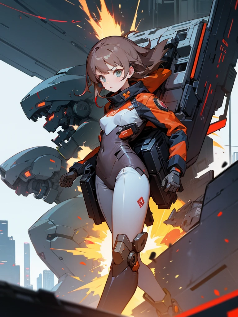 Girl Mecha and explosion city cyberpunk