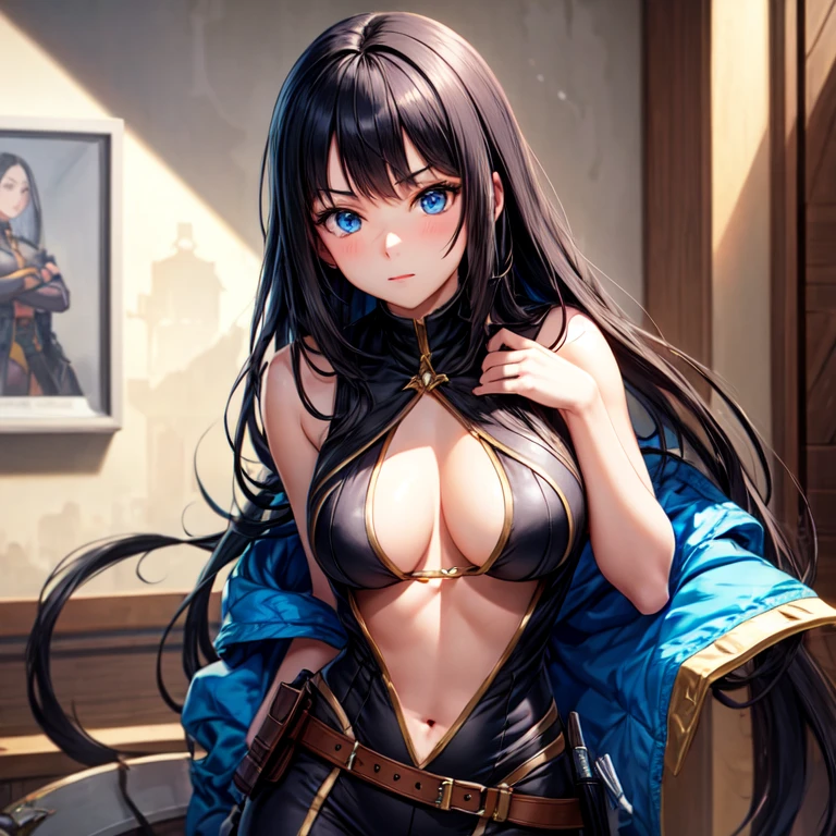 A beautiful assassin girl with black hair, blue eyes, and a very large chest.