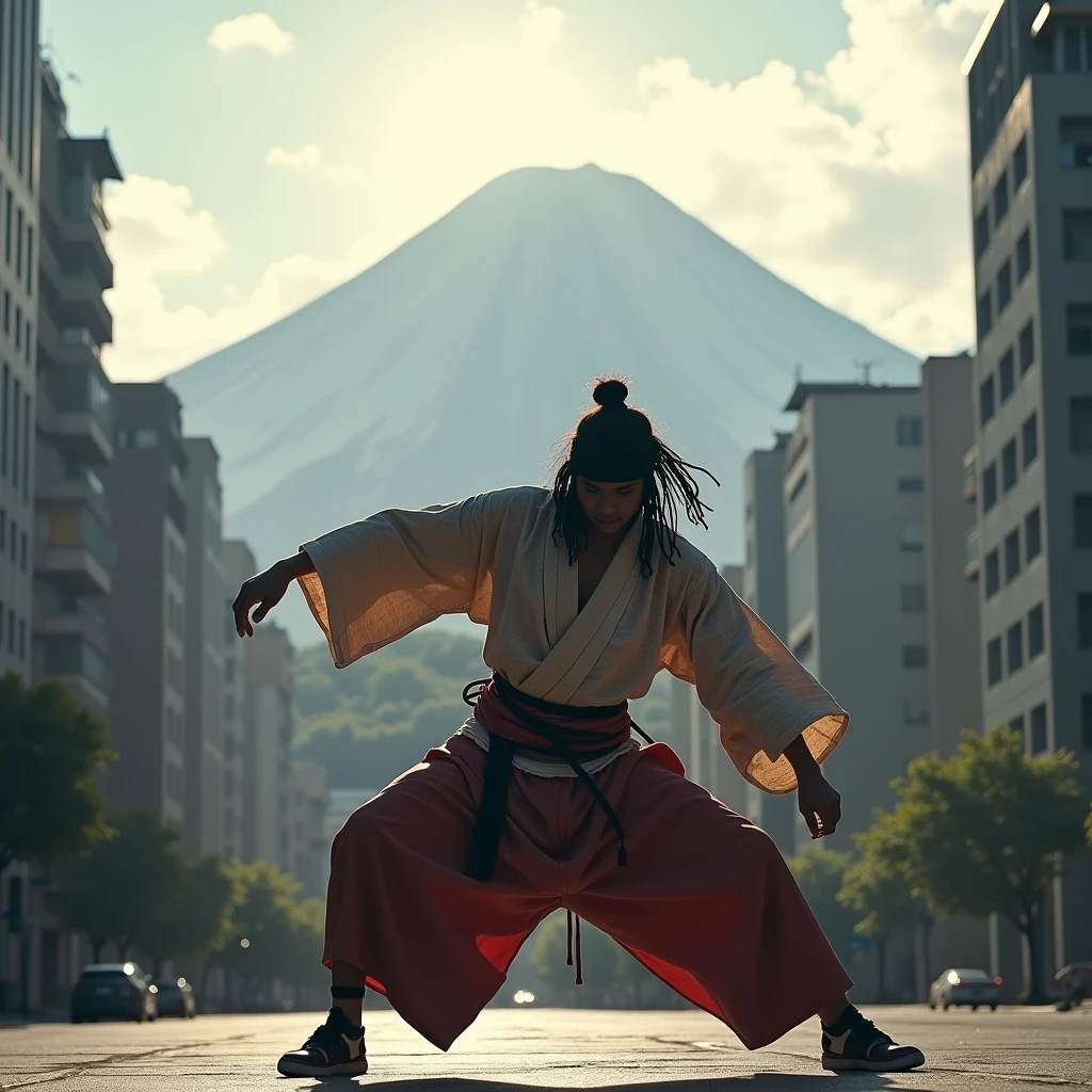 Japanese samurai bboy dressed in hip hop clothes, performing a radical breakdance in front of the urban buildings of the Tokyo metropolis, with the volcano in sharp focus and the background blurred, creating a cinematic atmosphere. The bboy's pose should convey strength and dynamism, contrasting with the serenity of the mountain. dramatic lighting, with sun rays hitting the bboy and Mount Fuji, Enhancing the Scene. Visual Style: アニメ, cinematographic, realisitic.