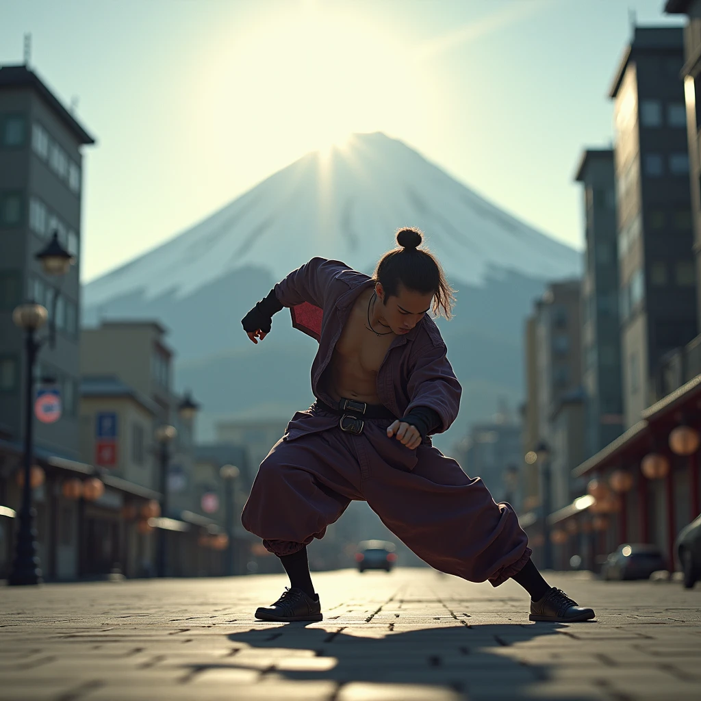 Japanese samurai bboy dressed in hip hop clothes, performing a radical breakdance in front of the urban buildings of the Tokyo metropolis, with the volcano in sharp focus and the background blurred, creating a cinematic atmosphere. The bboy's pose should convey strength and dynamism, contrasting with the serenity of the mountain. dramatic lighting, with sun rays hitting the bboy and Mount Fuji, Enhancing the Scene. Visual Style: アニメ, cinematographic, realisitic.