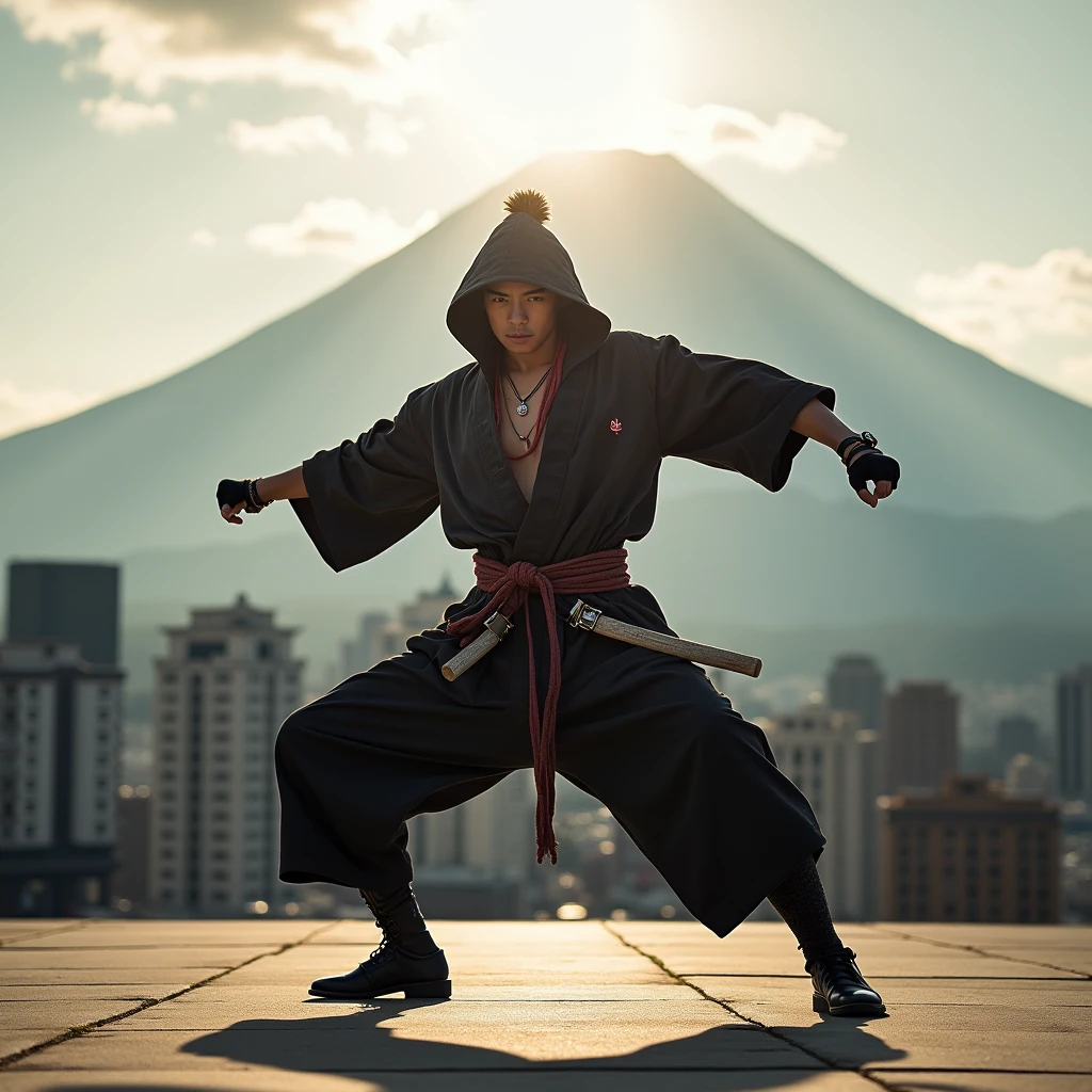 Japanese samurai bboy dressed in hip hop clothes, performing a radical breakdance in front of the urban buildings of the Tokyo metropolis, with the volcano in sharp focus and the background blurred, creating a cinematic atmosphere. The bboy's pose should convey strength and dynamism, contrasting with the serenity of the mountain. dramatic lighting, with sun rays hitting the bboy and Mount Fuji, Enhancing the Scene. Visual Style: アニメ, cinematographic, realisitic.