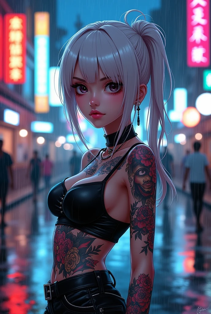 Serious asian girl with tattoos on her body, white hair and bangs, with BLACK eyes, anime style.