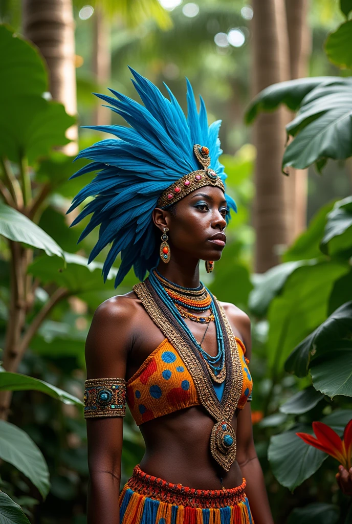 A woman with tribal clothing, and has characteristics of a blue macaw, inspired by South America