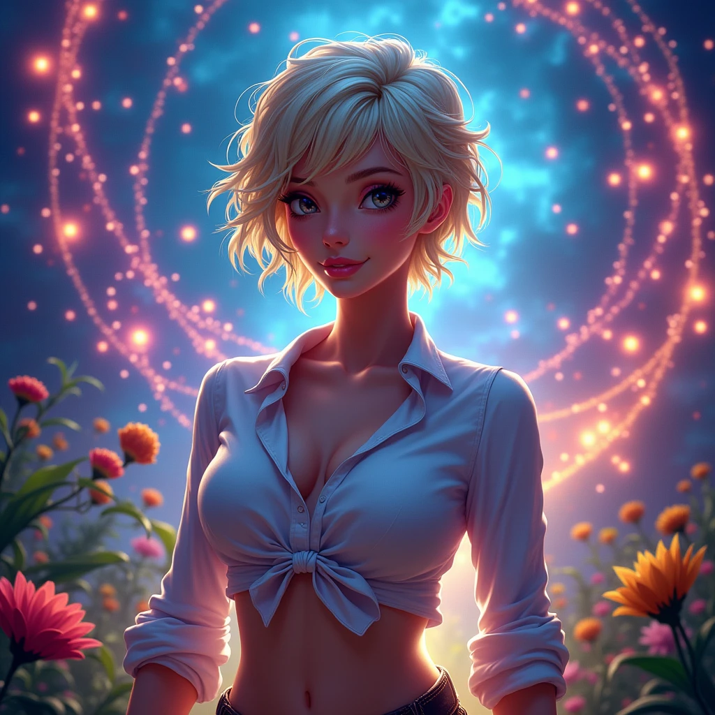 A woman with short blonde hair,,resolucao 4k,big breasts,cropped shirt, fantasy magic background,pantyrose.mother of hentai.