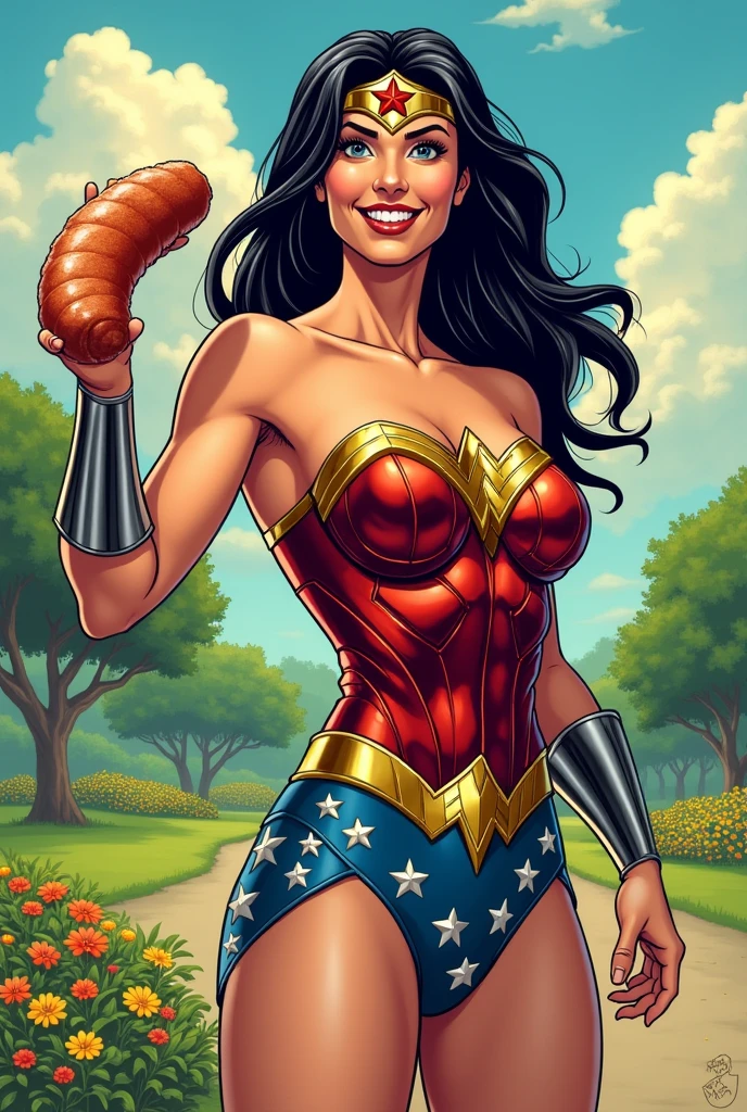 Create an image of Wonder Woman holding a sausage.